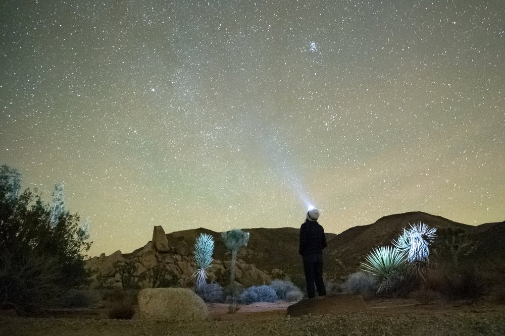 A person in a desert looking up at the stars.