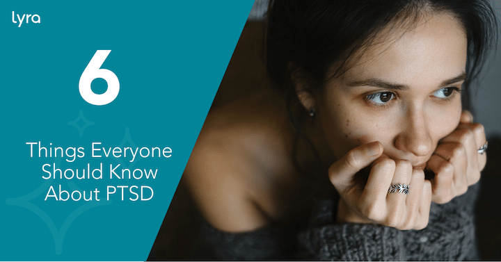 A woman looking scared with text that states "6 things everyone should know about PTSD".