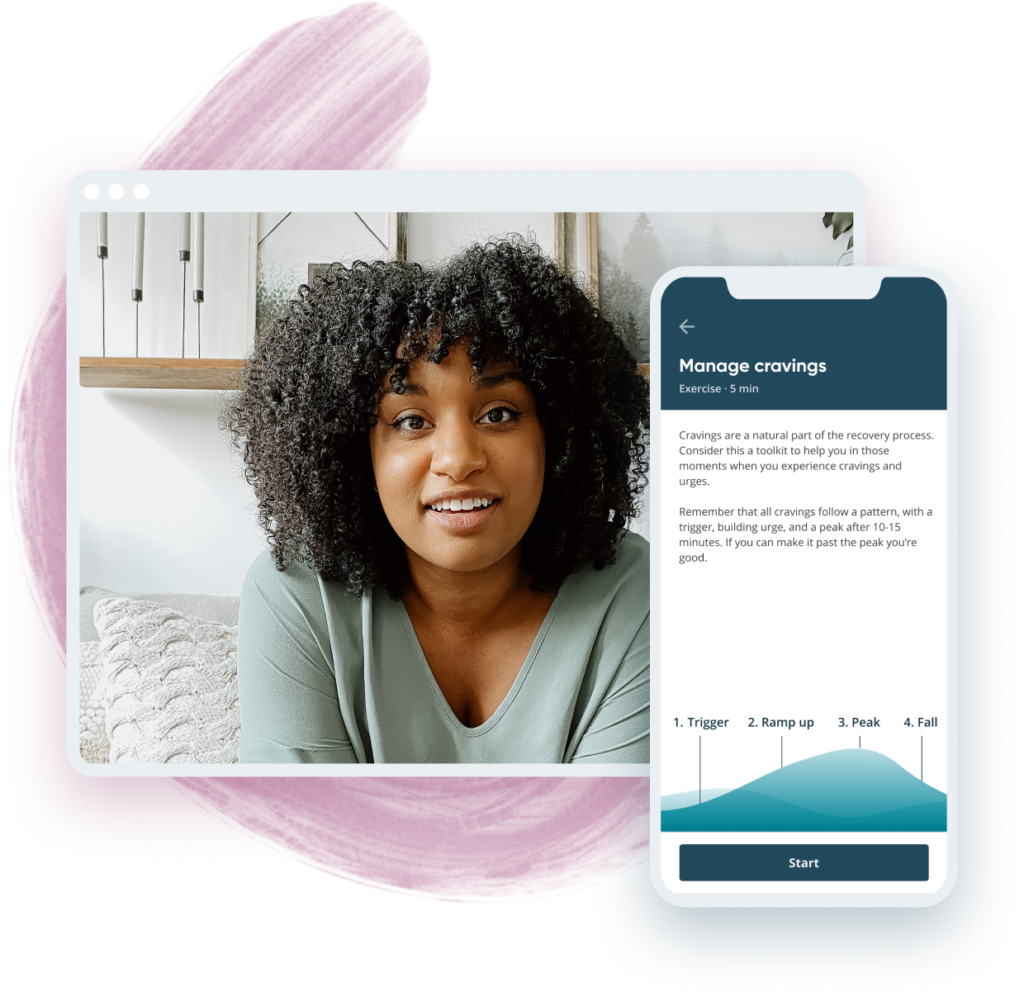 Woman facing forward and showing her therapy progress on the phone.