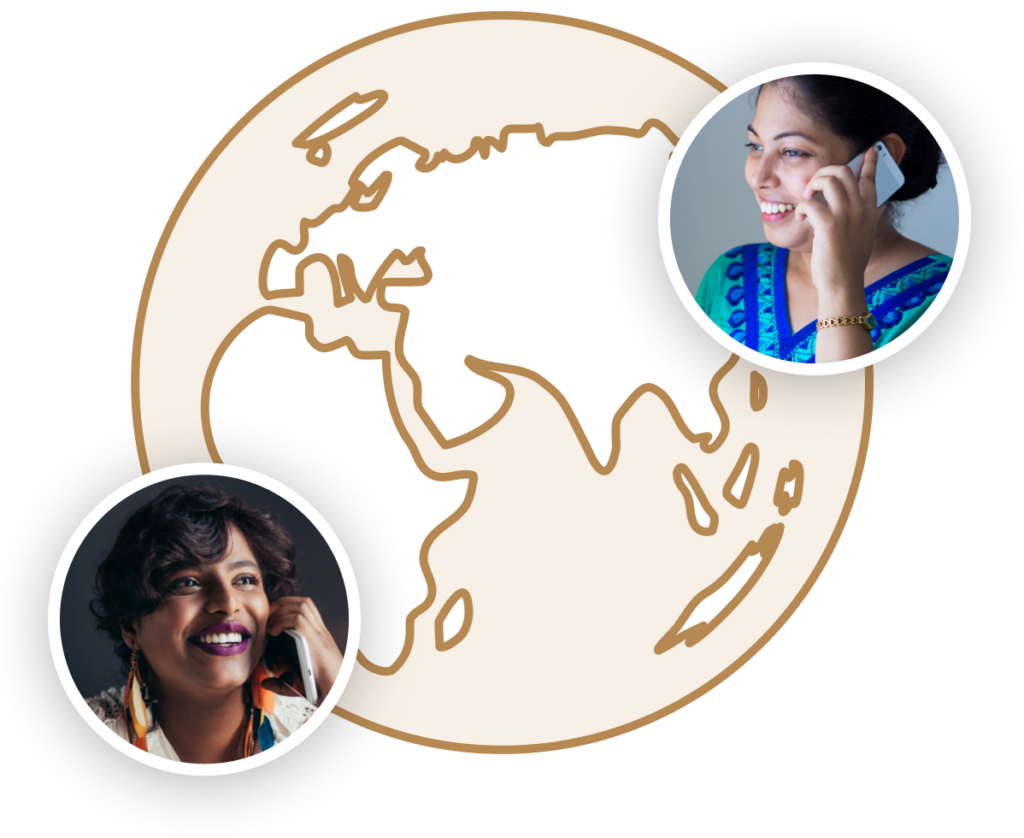 Graphic of earth and two women connecting via telephone together.