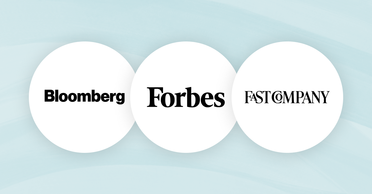 Bloomberg, Forbes, and Fast Company icons.