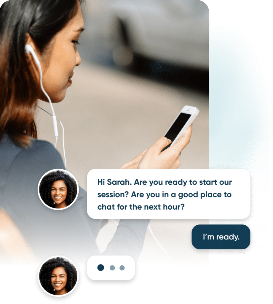 Woman using her phone to message her Lyra therapist