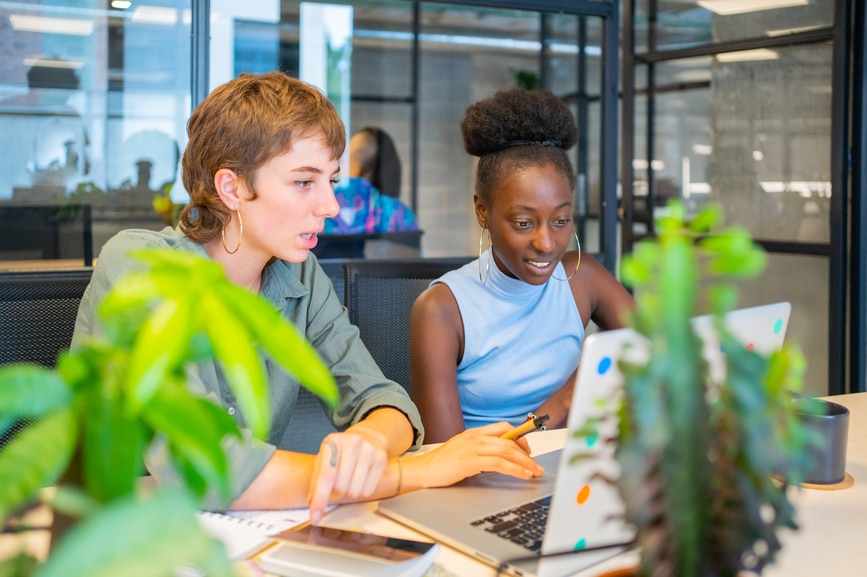 A Couple Of Girls Working In The Office, Colleagues In A Co-Working Workspace