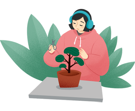 Graphic of woman pruning her plants and listening to music.