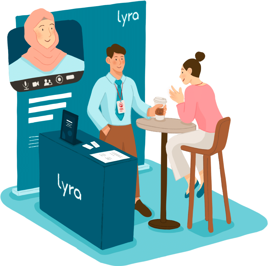 Graphic of Lyra event with one Lyra employee talks about its many benefits with a prospective client.