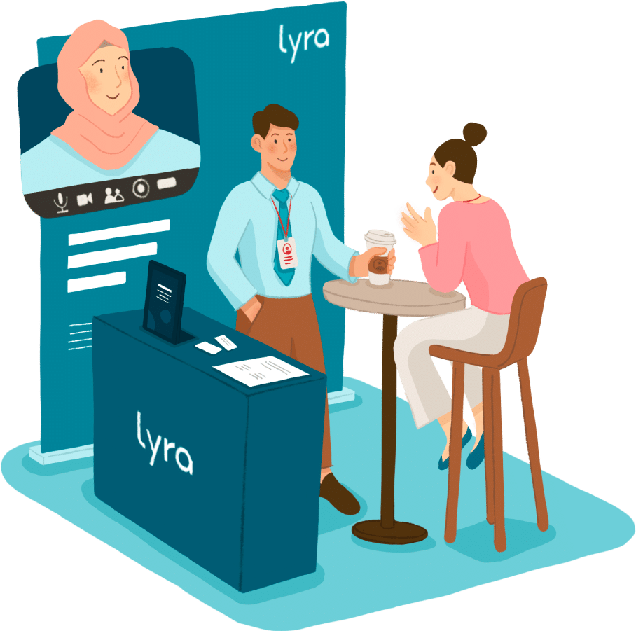 Graphic of Lyra event with one Lyra employee talks with a prospective client