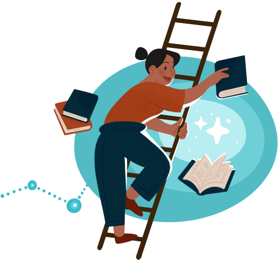 illustration of woman climbing ladder reaching for books