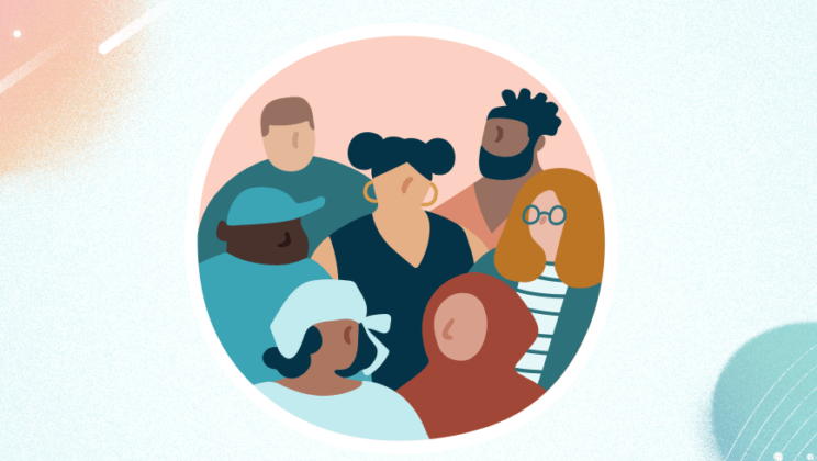 Graphic of six people together.