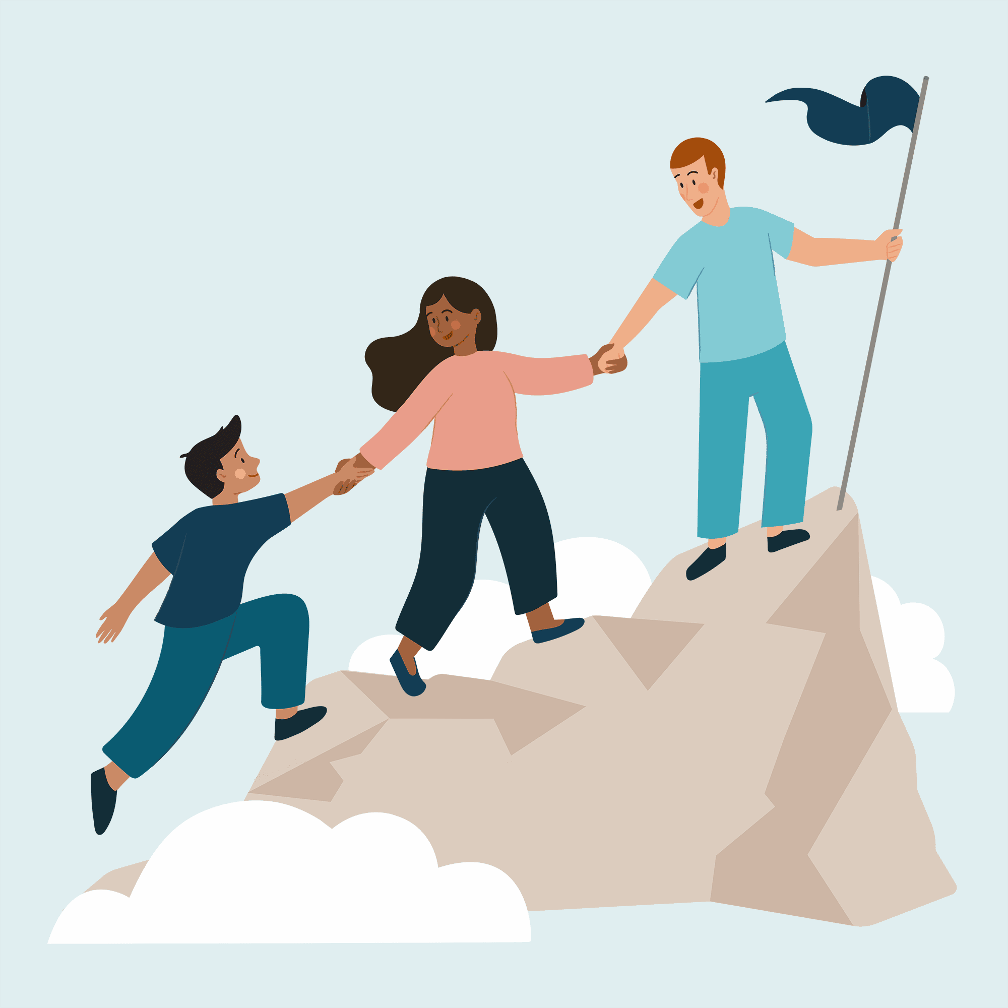 Illustration of three people climbing a mountain
