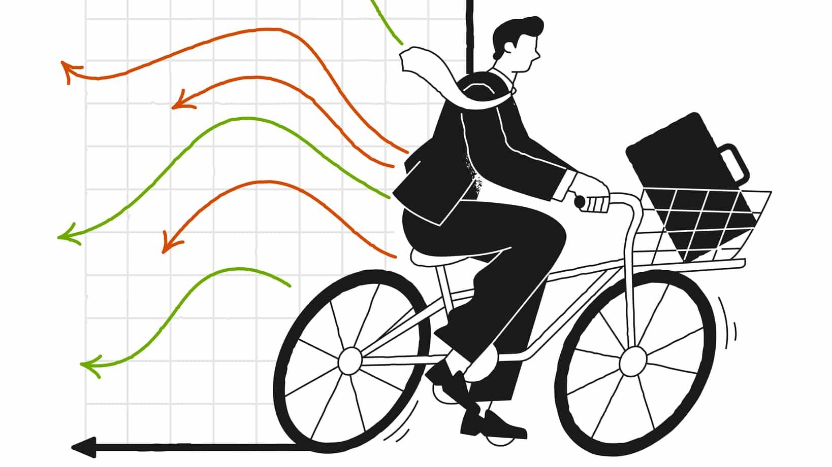 Modern businessman or financial trader agent in back suit riding bike. Stock market and trading graphs on background. Graphs are going up and down.