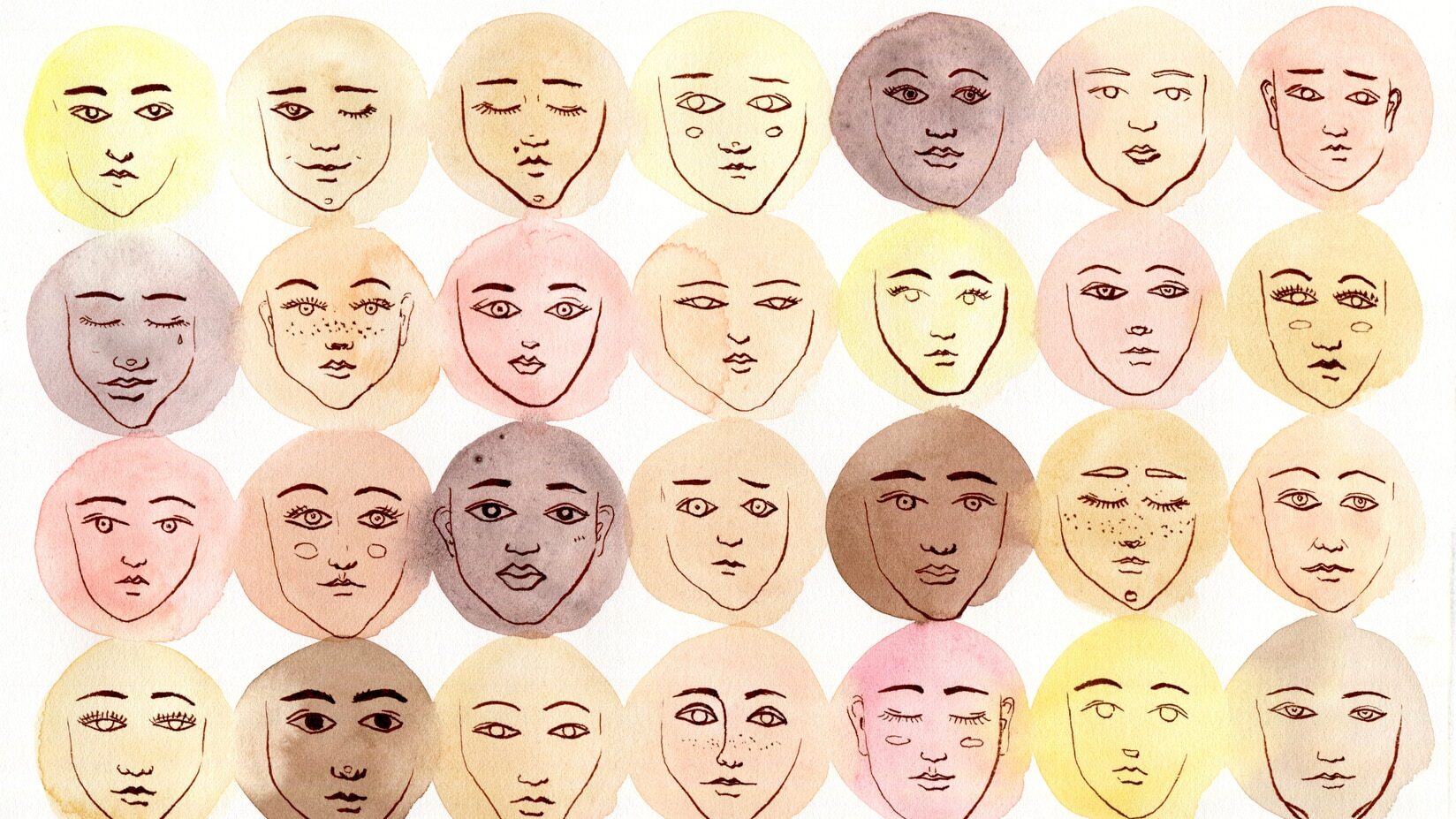 Many abstract faces of different race and gender persons on colorful watercolor dots