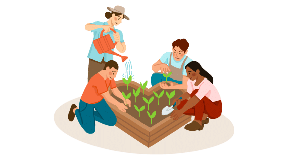 an illustration of group of people planting and watering a garden