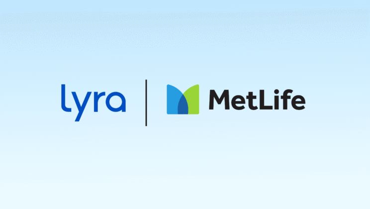 Lyra and MetLife logos side by side on a light blue gradient background, separated by a vertical line.