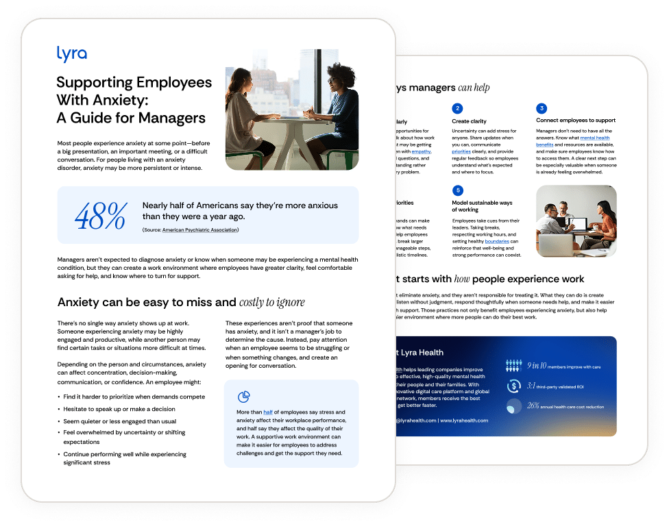 Two pages of a guide for managers on supporting employees with anxiety. Includes statistics, advice, images of people conversing, and Lyra Health contact information. The layout is clean with blue and white tones.