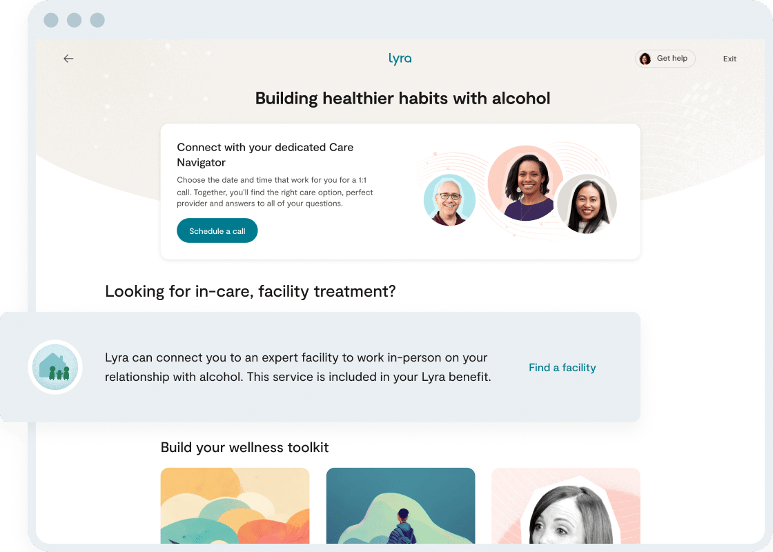 Screenshots of specialized needs for acute mental health needs within the Lyra app