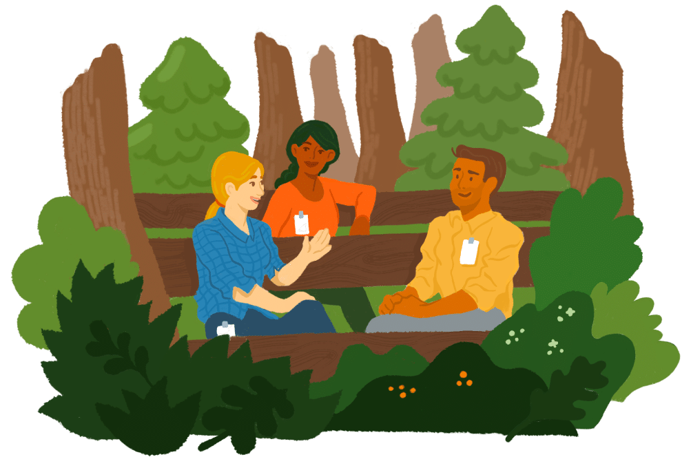 Illustration of Breakthrough attendees talking to each other while sitting on a bench