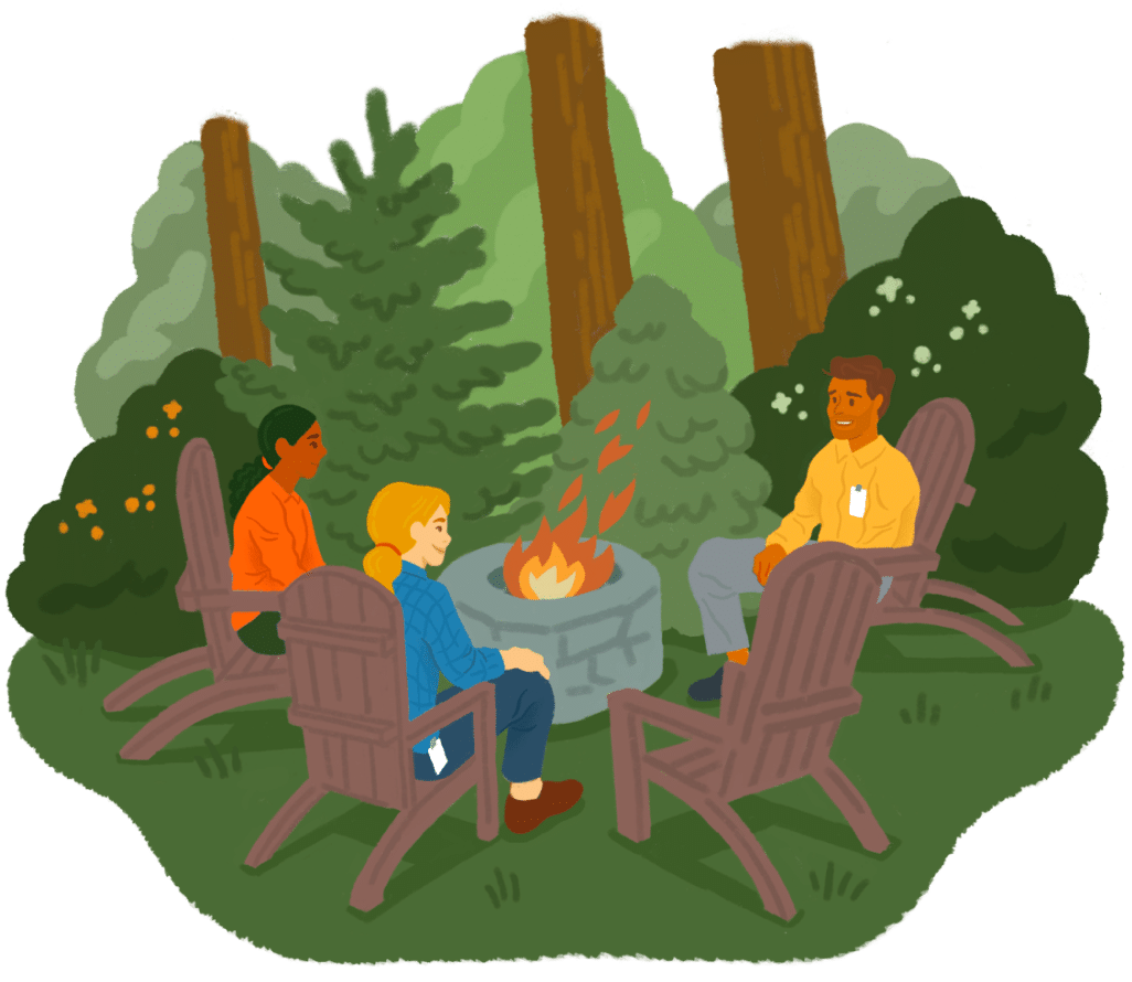 Illustration of Breakthrough attendees siting around a campfire