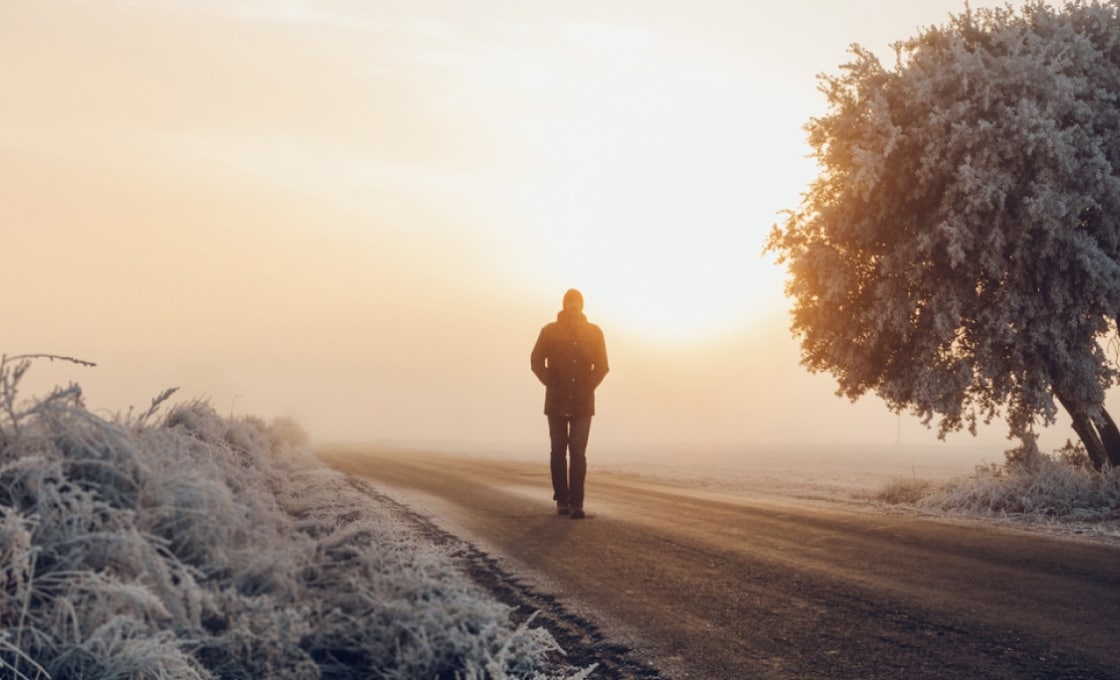 A Lonely Man Walks Down A Road Toward A Tree In A Misty Twilight