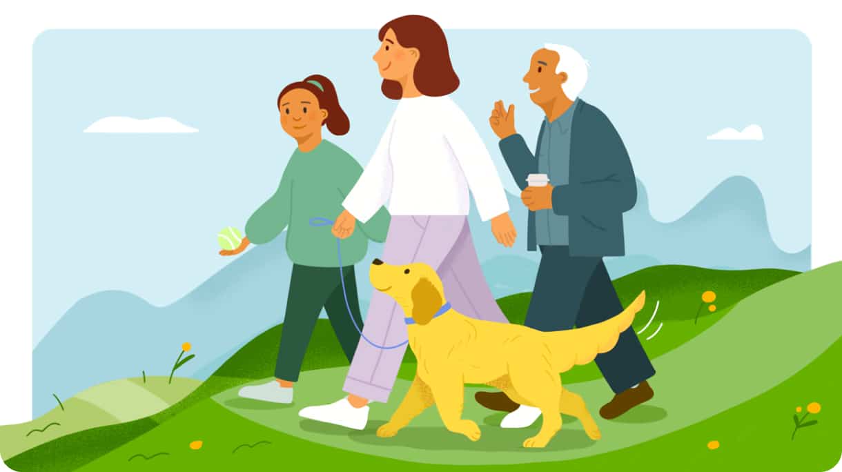 Illustration of a family of three walking their golden retriever outdoors