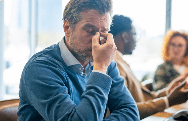 man pinching the top of his nose looking distressed