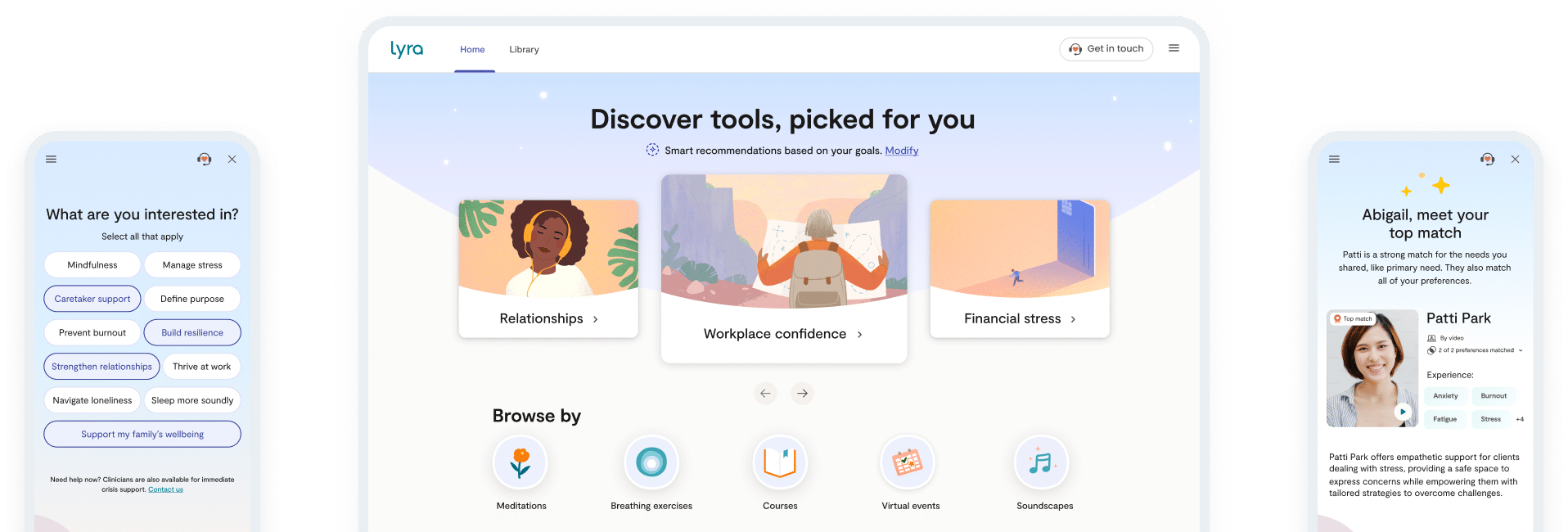 Three screenshots from Lyra Select platform