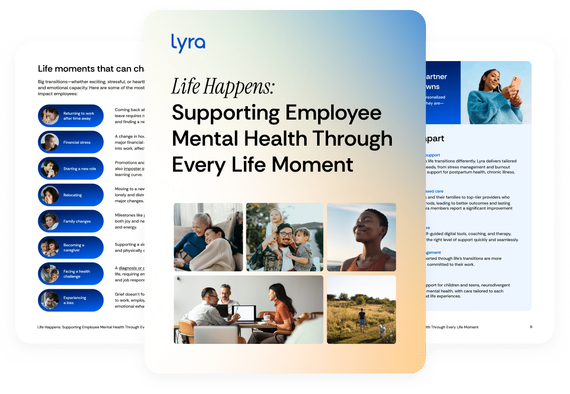 A brochure cover titled Supporting Employee Mental Health Through Every Life Moment with images of diverse people and families. Behind it, a page lists life events affecting mental health and ways employers can help.