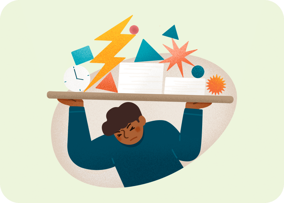 Illustration of a man balancing stressful items on a plate above his head
