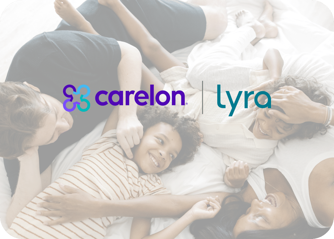 Carelon and Lyra co-branded logos overlaying an image of a family