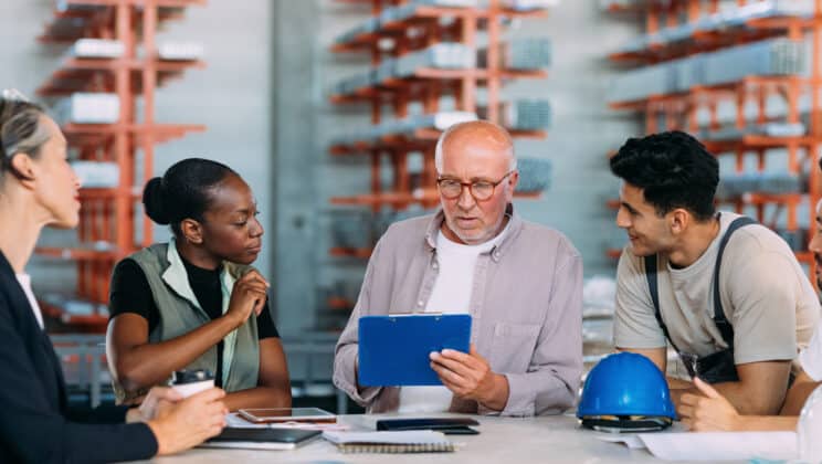 Group of workers working in factory, having business meeting with their supervisor