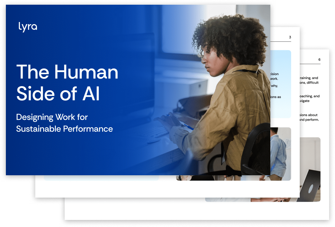 Cover slide of a presentation titled The Human Side of AI: Designing Work for Sustainable Performance, featuring a person working at a computer.