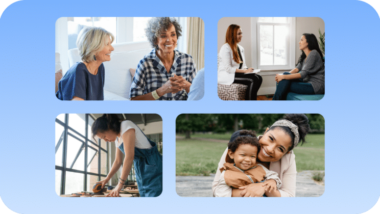 A collage of four photos: two women talking, a counselor with a client, a woman crafting indoors, and a woman hugging a smiling child outdoors.