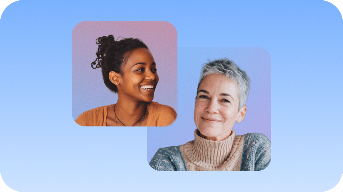Two women smiling against a gradient blue background. One woman has dark curly hair and wears a brown top; the other has short gray hair and wears a beige turtleneck sweater. Both are facing slightly toward each other.
