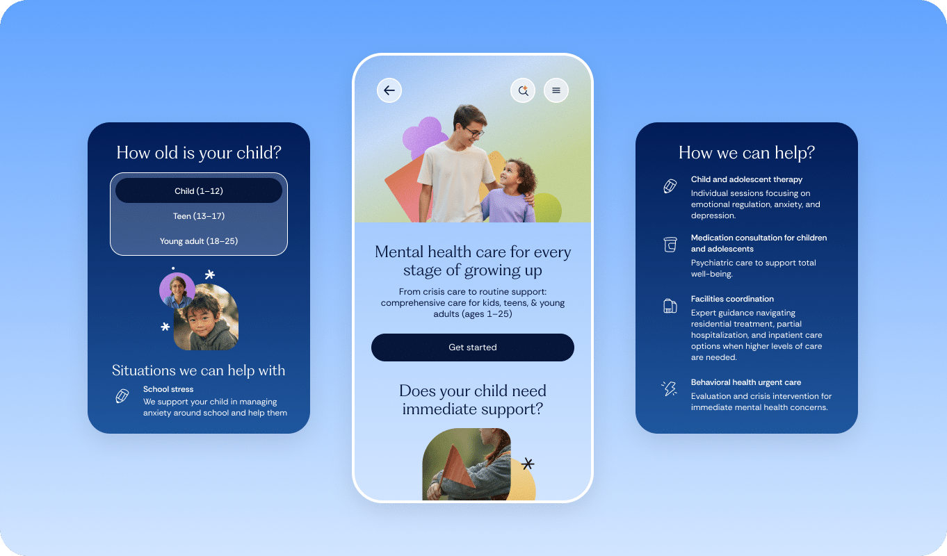 Care for teens and children app screens