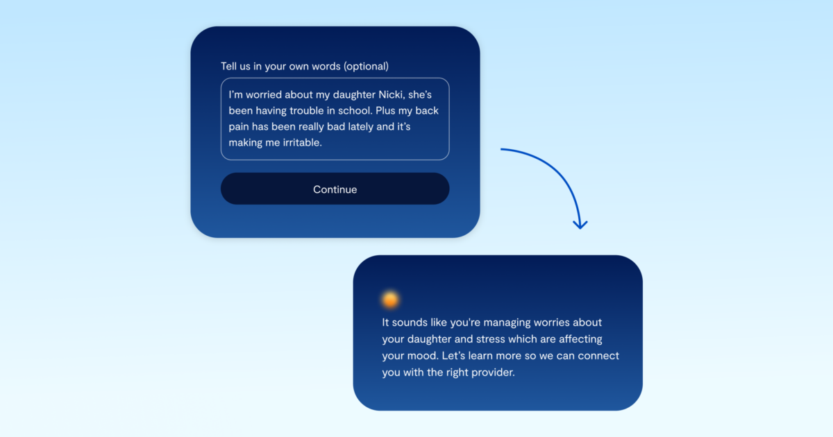 A chat interface shows a user expressing worries about their daughter and back pain. The system responds with empathy, noting the stresss impact and offering to help connect with the right provider.