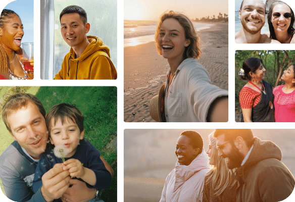 collage of people, one of a father and his son, another of a smiling woman taking a selfie, photo of mom and daughter, group of three smiling