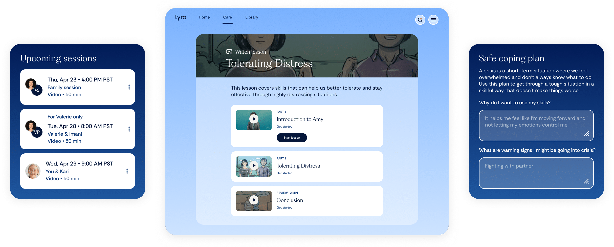 Screens from Lyra Health app showcasing tolerating distress lessons, upcoming sessions, and a safe coping plan