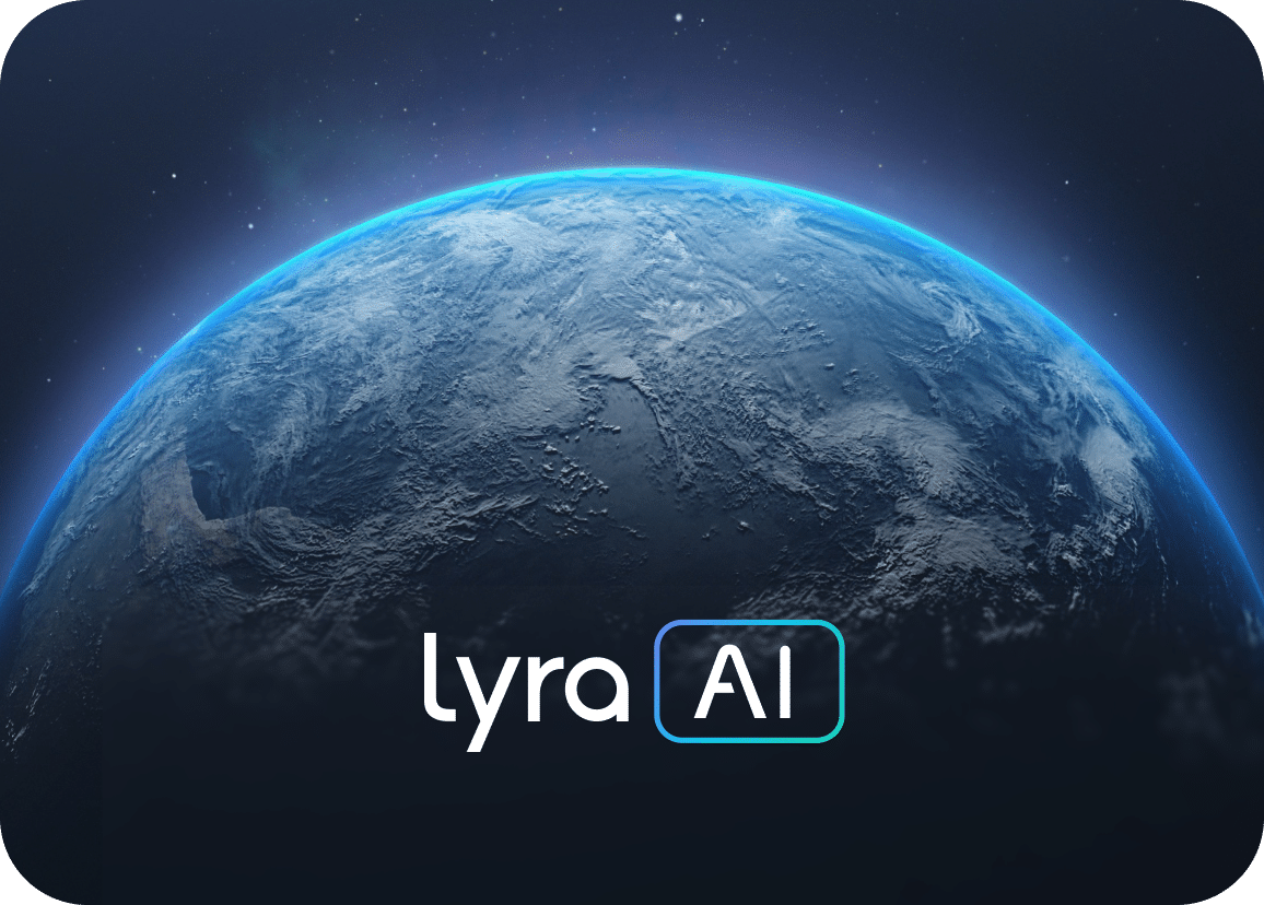 A view of Earth from space with a glowing blue horizon. The text lyra AI is displayed prominently over the planet.