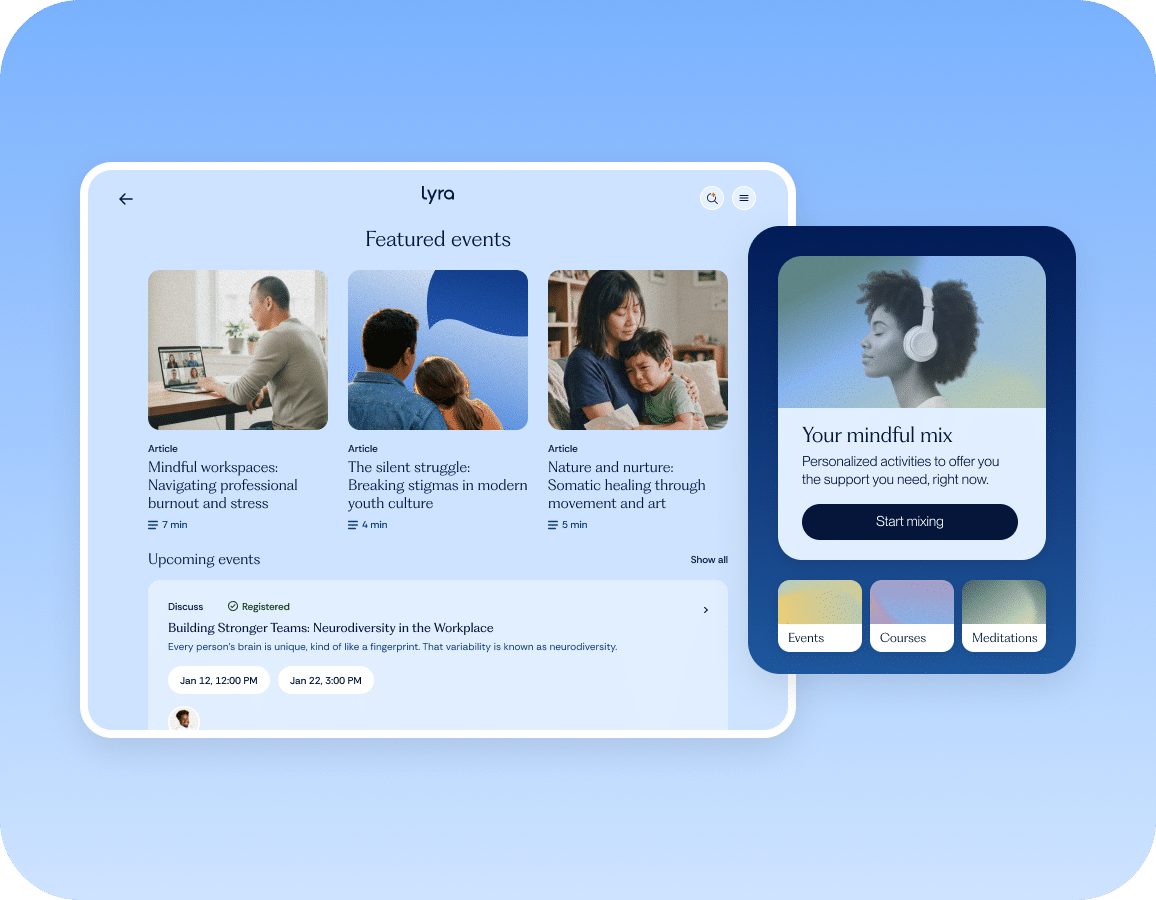 A digital interface displays mental health event listings, articles, and a playlist card titled Your mindful mix with options for events, courses, and meditations.