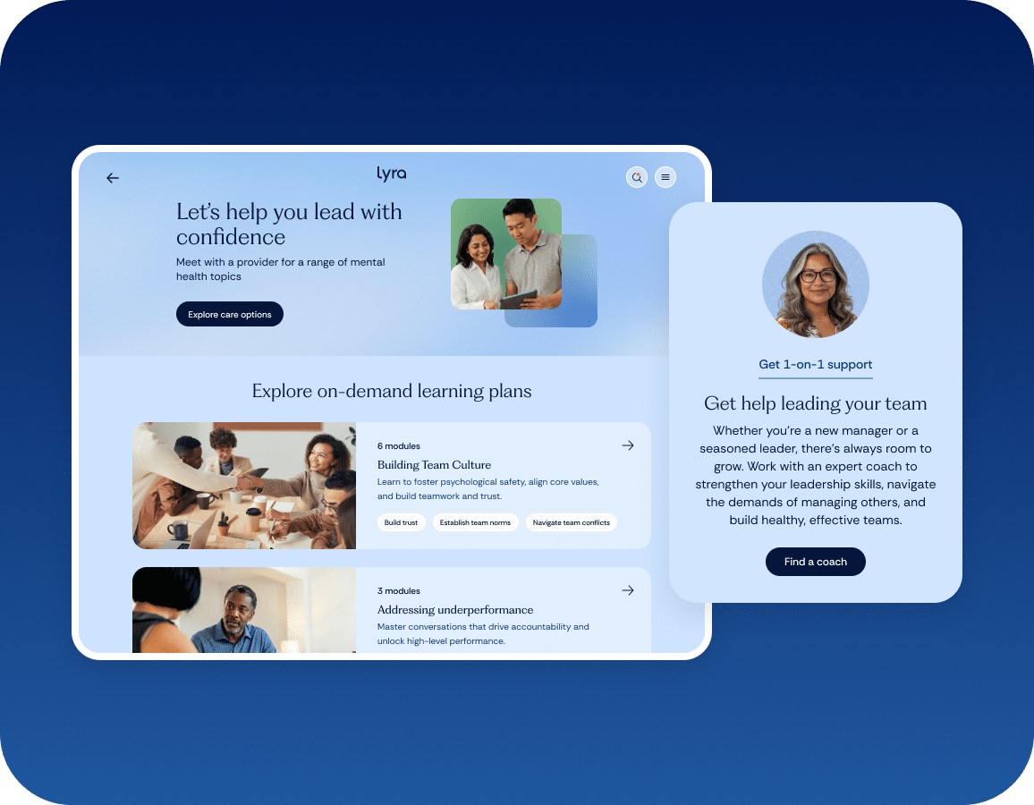 Screenshot of a Lyra webpage offering mental health leadership support, on-demand learning modules, and 1-on-1 expert coaching for workplace leaders, with images of diverse people and course descriptions.
