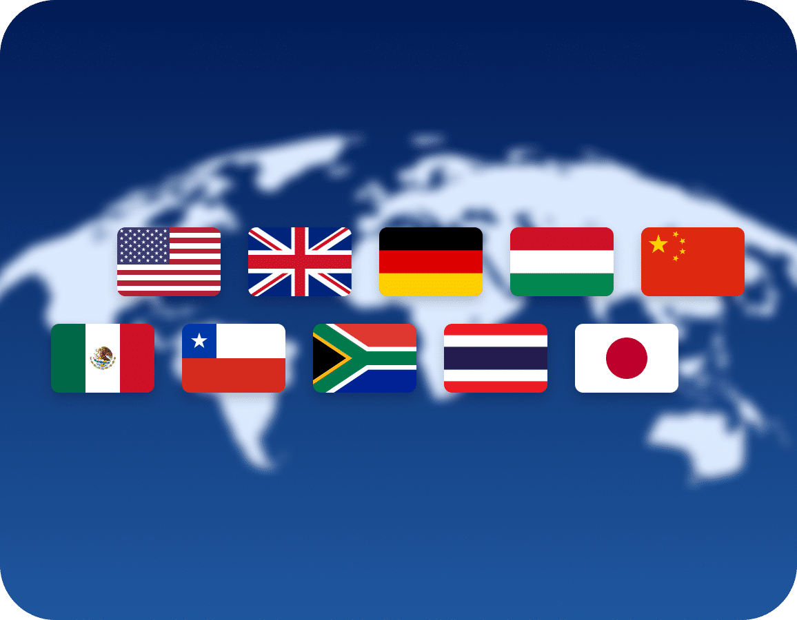 Ten country flags, including the US, UK, Germany, Hungary, China, Mexico, Chile, South Africa, Thailand, and Japan, are displayed over a blurred world map on a blue background.