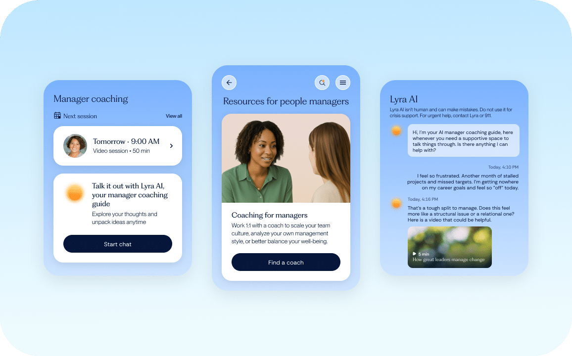 Three smartphone screens show a manager coaching app with session scheduling, resources for managers, and a chat interface for AI coaching and management support. The app uses light blue backgrounds and simple graphics.