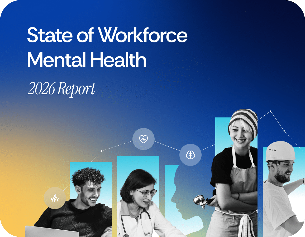 A State of Workforce Mental Health 2026 Report cover with four diverse professionals, charts, and mental health icons on a blue and yellow gradient background.