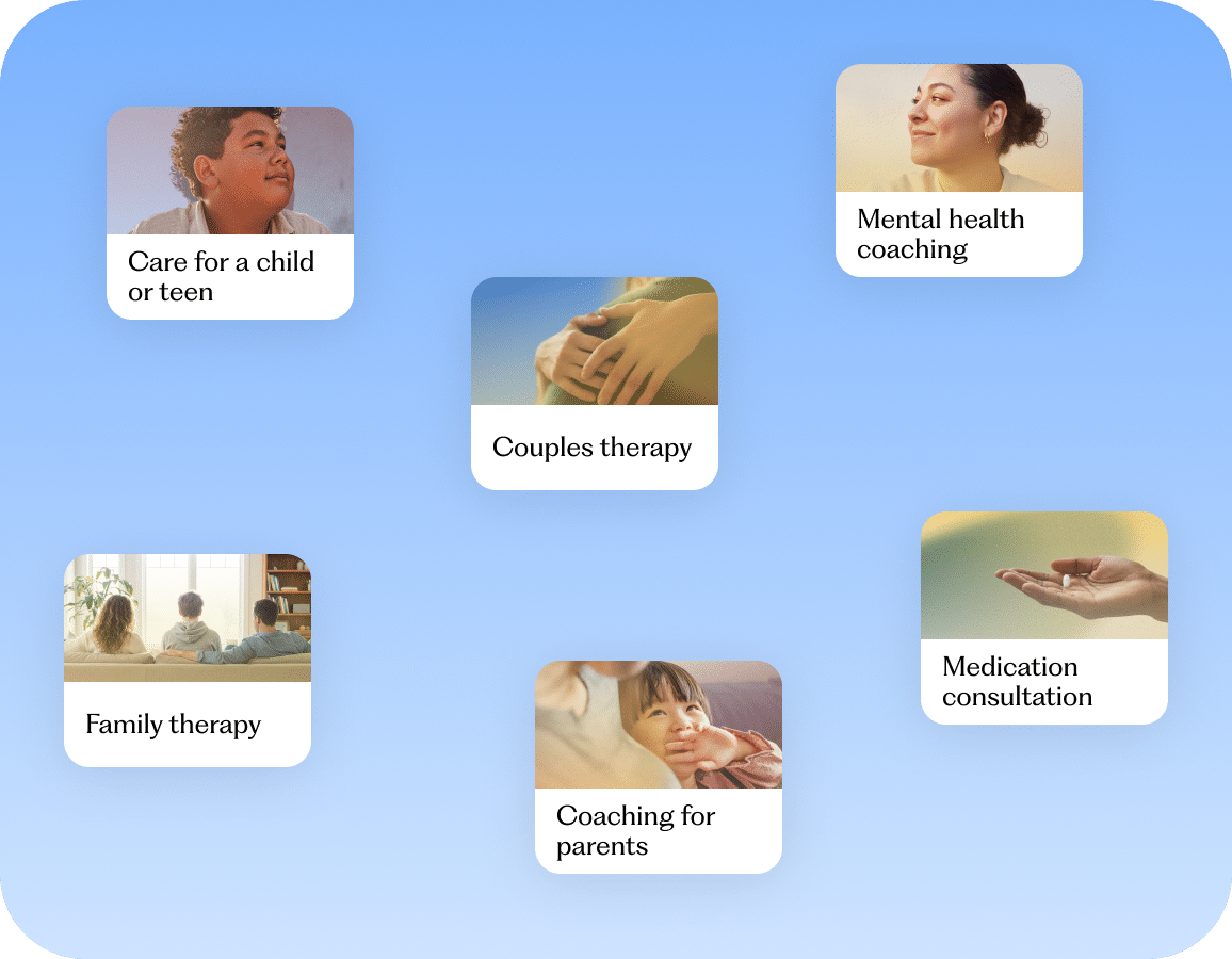 Five boxes show: Care for a child or teen, Couples therapy, Mental health coaching, Family therapy, Coaching for parents, and Medication consultation, each with a relevant photo, on a blue background.