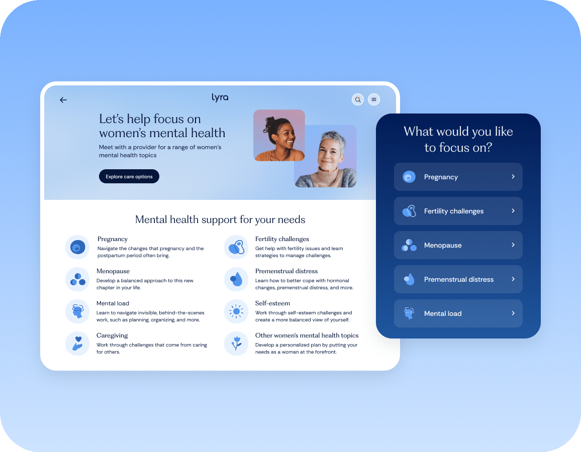 A webpage for womens mental health support with options like pregnancy, menopause, fertility, PMS, and mental load. Two smiling women are pictured.