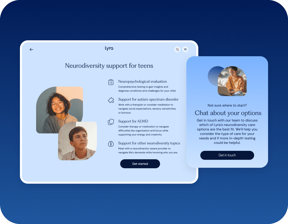 Screenshot of a webpage offering neurodiversity support for teens, including evaluation and support for autism and ADHD. Two photos of teens and a chat box about discussing support options are visible.