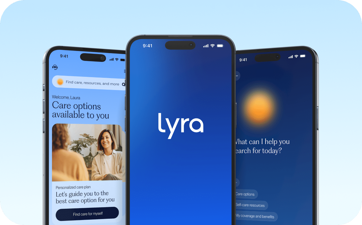 Three smartphones display the Lyra app interface, featuring a blue welcome screen, a search function, and a care options page with a smiling woman. The background is a gradient of light blue.