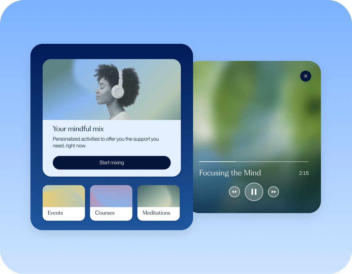 A meditation app interface shows a woman with headphones, options for events, courses, and meditations, and a player screen titled Focusing the Mind with play/pause and timer.
