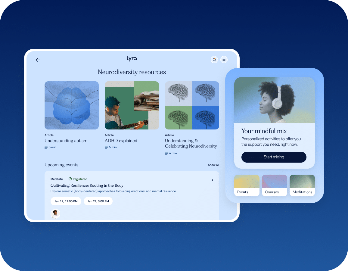 A digital interface displaying neurodiversity resources, articles on autism and ADHD, upcoming events, and a card titled Your mindful mix offering personalized activities like meditations.