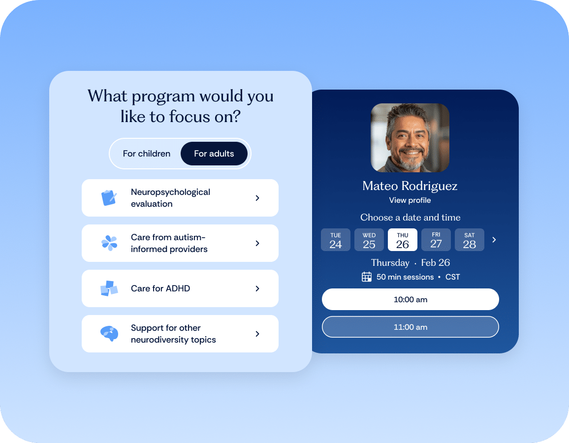 A scheduling interface displaying program options and an appointment booking panel for Mateo Rodriguez, with date, time, and session details shown on a blue gradient background.