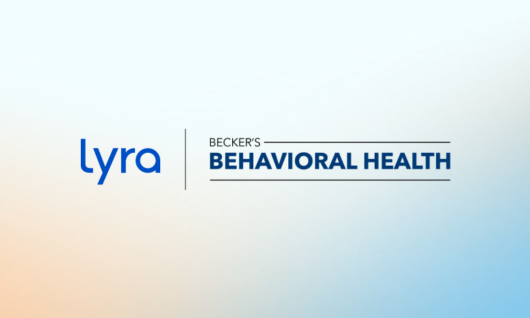 Lyra logo and Beckers Behavioral Health text centered on a light gradient background, transitioning from blue to peach.